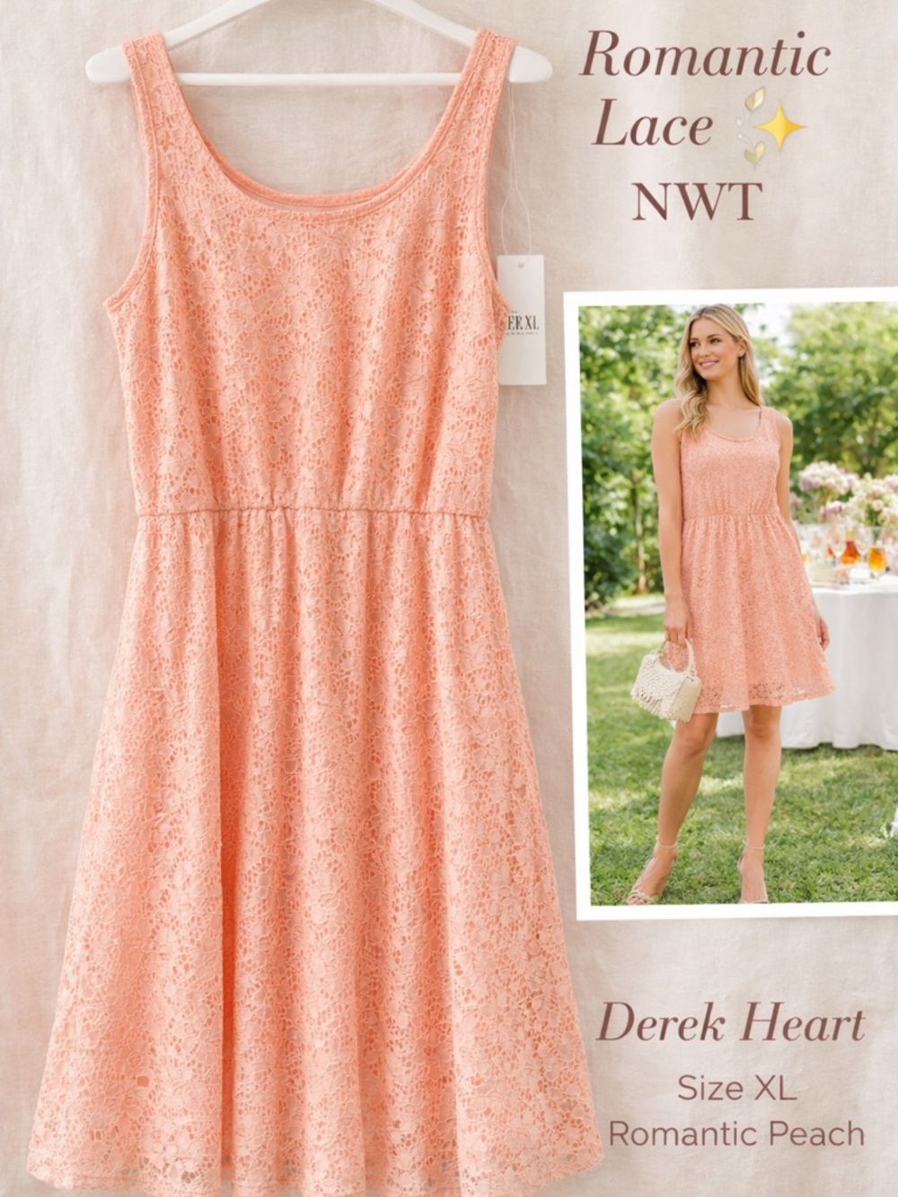 Derek Heart Peach Lace Fit & Flare Dress NWT XL Romantic Feminine